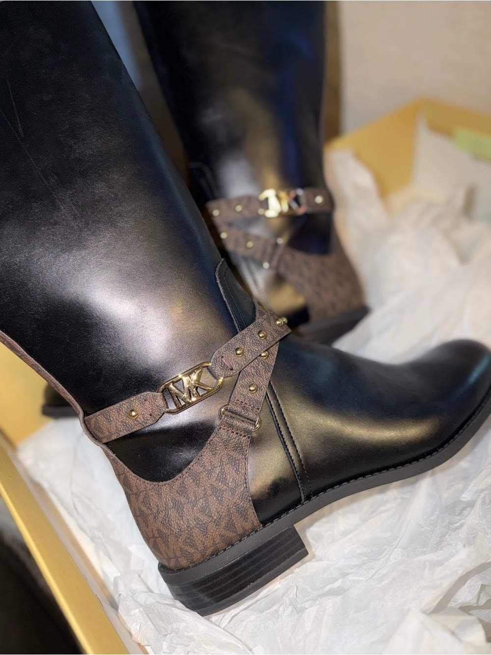 Michael Kors Black Leather Knee-High Riding Boots with Brown MK Logo Trim